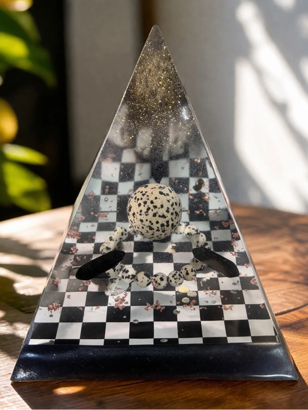 Handmade Resin Pyramid Sculpture Dalmatian Jasper Crystal Orgone Style Decor - Picture 2 of 2